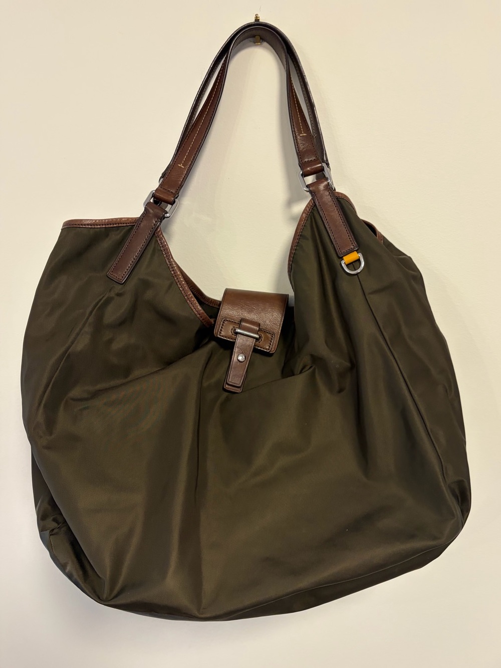 Tumi Nylon Bag With Leather Trim Hobo Shoulder Bag Vintage Tote Olive Green
